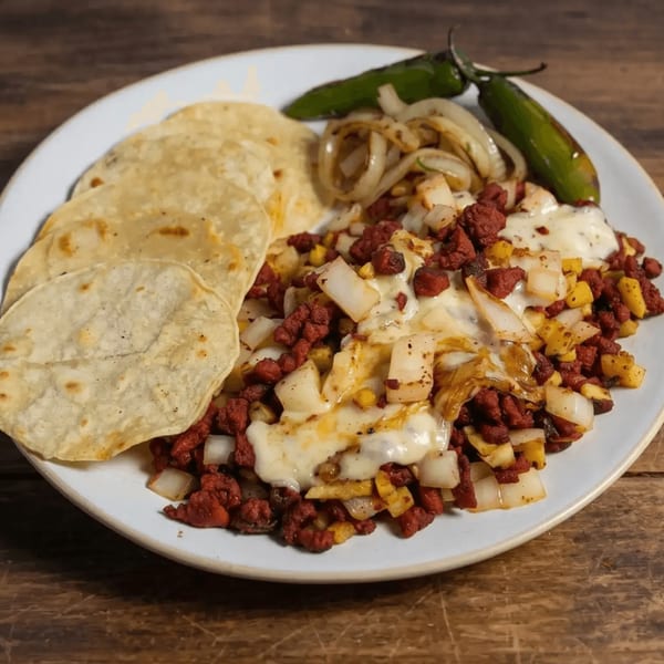 A plate of chorizo and cheese with tortillas, grilled onions, and jalapeños on a wooden table.