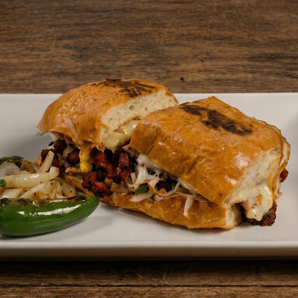 A grilled sandwich with melted cheese, meat, and onions, served with a jalapeño.