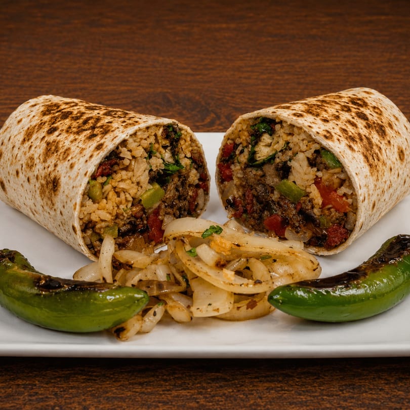 A large burrito, cut in half, revealing rice, meat, and vegetables, served with grilled onions and peppers.