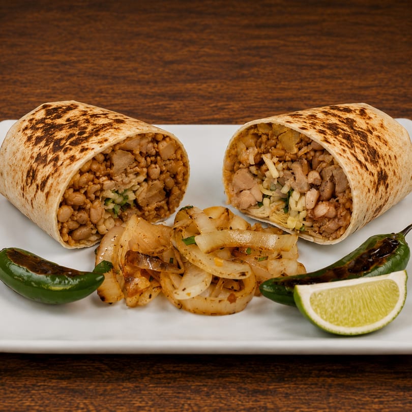 Two halves of a burrito filled with beans and meat, served with grilled onions, jalapeños, and lime.